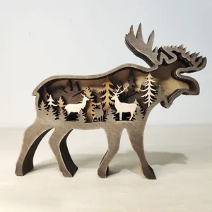 Ornement de sculpture multicouche en bois de cerf et d'élan pour décoration de bureau créative
