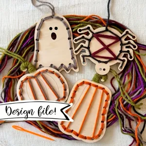 Ξύλινο σετ καρτών ράψματος θέμα Halloween με πολύχρωμα νήματα για παιδικές χειροτεχνίες.