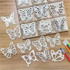 Unbearbeitetes Holzschmetterling DIY Handwerk Scheiben Set mit Ablage und Malstiften.