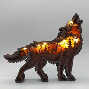 Multi-layer wooden carved wolf ornament with LED lights, creative forest animal desktop decor.