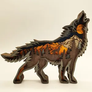 Multi-layered wooden wolf carving ornament, creative forest and mountain landscape home decor.