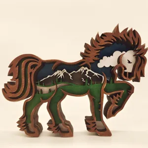 Multi-layer wooden horse sculpture craft, exquisite mountain landscape desktop ornament for home decor.