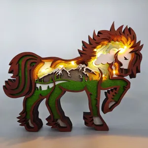 Multi-layer wooden carved horse sculpture with LED fairy lights, creative home desktop decor.