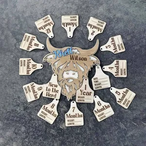 Detailed view of wooden highland cow milestone markers and monthly tags for baby photo props.