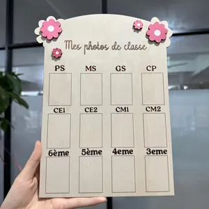 Wooden school photo display board with cute flowers, perfect for tracking child growth.