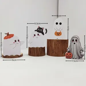 Halloween süße Geist Holz Ornament Set mit Kürbis und schwarzer Katze für Party Dekoration.