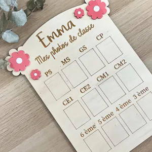 Wooden school photo board personalized with name and grade slots from kindergarten to middle school.