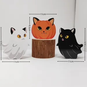 Halloween Holz Geist Katze Kürbis Ornament Set, süße Tischdeko für Party und Zuhause.
