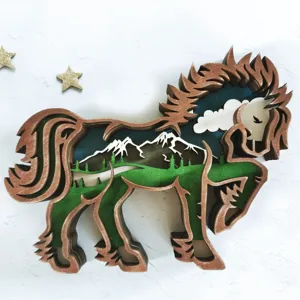 Multi-layer wooden carved horse ornament creative desktop decoration landscape animal craft
