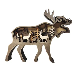 Wooden carved moose animal ornament multi layer forest desktop home decor sculpture