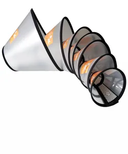 Transparent plastic pet recovery cone Elizabethan collar detail view, multi-size nested design.