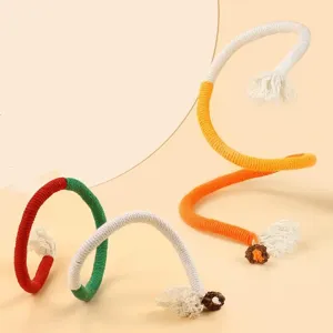 Colorful cotton rope cat chew toy detail view, pet molar interactive play supply.