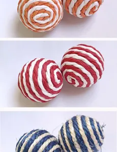 Detailed view of colorful sisal and paper rope cat scratching balls, ideal for pet play.