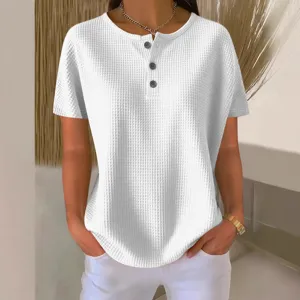 Casual γυναικείο T-shirt με κοντό μανίκι βάφλα καλοκαίρι μονόχρωμο κουμπί Henley