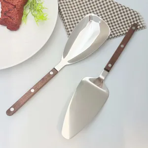 Prachtige 304 roestvrijstalen serveerlepel en taartschep set met elegante houten handgrepen.