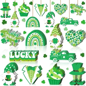 St. Patrick's Day Wooden Hanging Ornaments Set Clover Gnome Lucky Tiered Tray Decor Festive Party Supplies