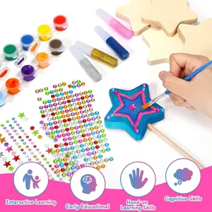 Kinder DIY Holzstern Zauberstab Bastelset mit Farben und Strasssteinen fuer kreatives Spiel.