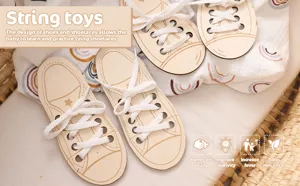 Wooden shoe lacing toy for kids Montessori educational learning tying shoelaces detail view