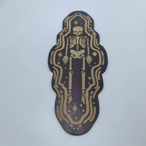 Wooden Halloween skeleton wall hanging detail view, gothic spooky decor ornament for home.