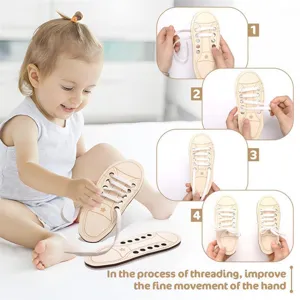 Wooden lacing shoe toy detail showing step by step threading process for kids fine motor skills.