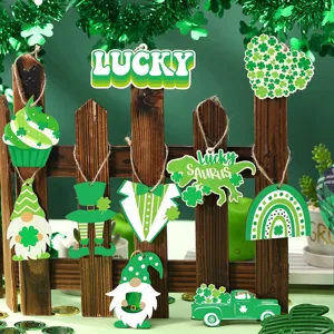 St. Patrick's day wooden hanging ornaments detail view, showing green gnomes and shamrocks.