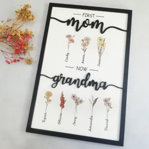 Personalisierter Holz Bilderrahmen mit Geburtsblumen fur Mutter und Oma zum Muttertag Geschenk.