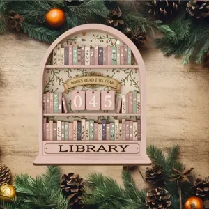 Décoration de mini bibliothèque en bois avec des livres miniatures et un compteur numérique.