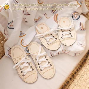 Wooden lacing shoes toy detail showing Montessori educational shoe tying practice for kids.