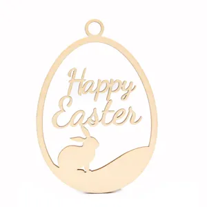 Decoración colgante de huevo de Pascua de madera con cono y texto Feliz Pascua para manualidades.