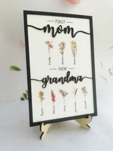 Detailansicht des personalisierten Holzschildes mit Blumen und Namen für Mutter und Oma.