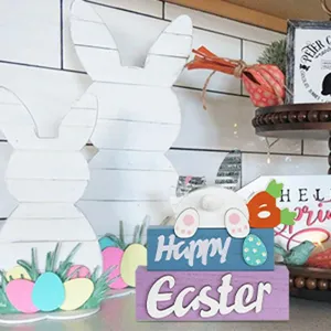 Paques en bois lapin carotte bloc panneau plateau etage deco printemps fete table ornament