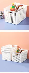 Panier de rangement en plastique blanc avec design ajouré, idéal pour cuisine et bureau.