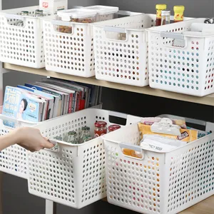 Paniers de rangement en plastique blanc rectangulaires ajourés pour cuisine et cellier