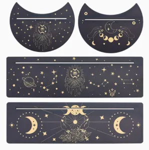 Wooden moon tarot card stand, celestial altar card holder for witchcraft and crystal display.
