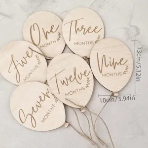Wooden baby milestone cards, newborn monthly tracker photo props, balloon shape discs