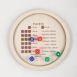 Wooden round Farkle dice tray with engraved scoring rules and colorful play dice set.