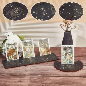 Wooden tarot card holder stand set with moon and star design for witchcraft decor.
