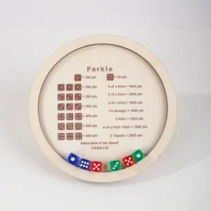 Personalized wooden Farkle dice tray with score board, perfect for family game night fun.