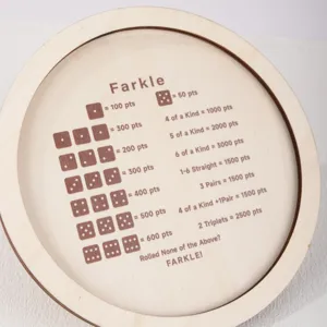 Personalized wooden Farkle dice tray with engraved game rules and scoring board for family.