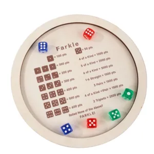 Personalized Farkle Dice Tray with engraved scoring rules and colorful dice set for game night.