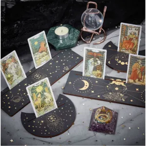 Wooden tarot card holder stand black moon altar display stand for witchcraft mystical decor