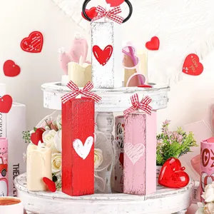Valentine's Day tiered tray decor wooden block set with hearts, perfect for tabletop party.