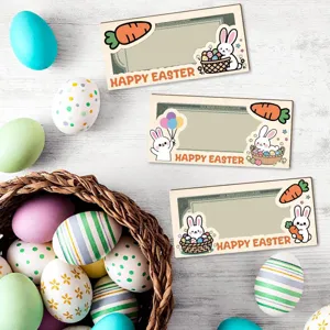 Dettaglio porta soldi Pasqua in legno, design coniglietto e uovo, compensato liscio.