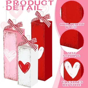 Valentine wooden block detail view, red and pink hearts design, sturdy desktop sign.