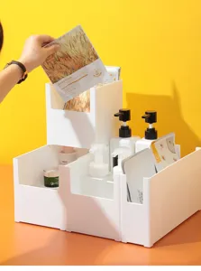 Boite de rangement de bureau en plastique, etagere cosmetique multicouche pour table.