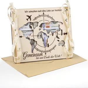 Wooden wedding money gift box with world map cut out, creative wooden craft gift for couples.