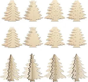 Wooden 3D mini Christmas tree tabletop ornaments, DIY desktop holiday party decor parts.