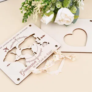 Wooden wedding craft set with world map cut-out, romantic gift decor for couples.