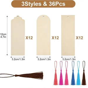 36pcs wooden blank bookmarks with colorful tassels diy craft rectangle hanging tags set
