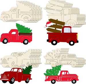Découpes de camion en bois rouge non finis avec des sapins de Noël pour décoration de fête.